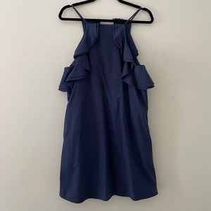 Linen Lux- Navy Knee Length Ruffle Dress